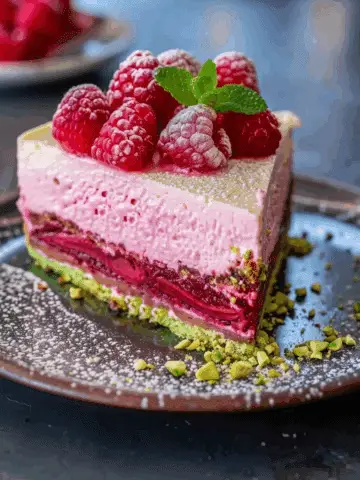 Elegant Pistachio Raspberry Crunch Cheesecake