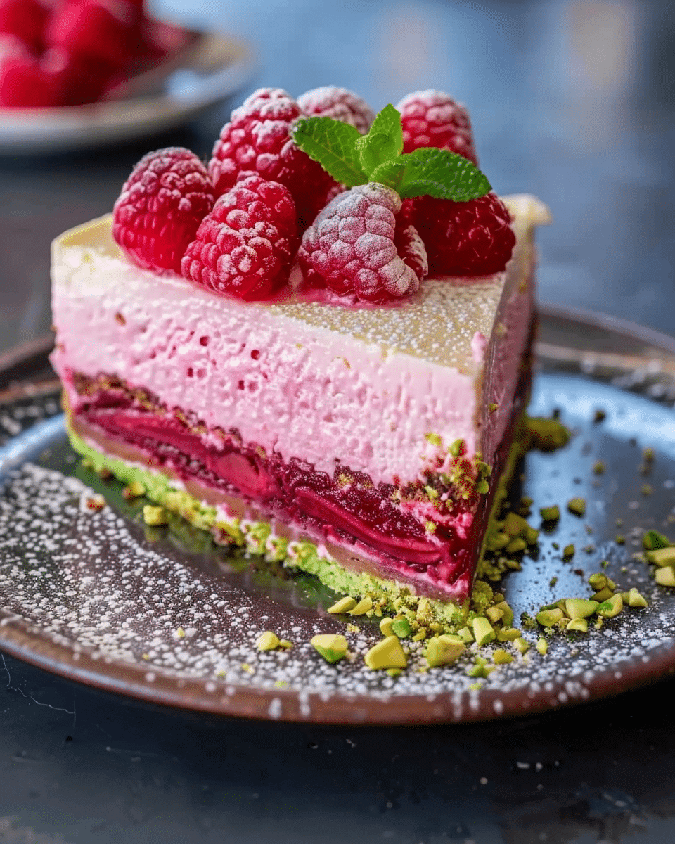 Elegant Pistachio Raspberry Crunch Cheesecake