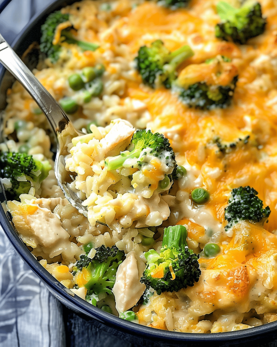 Creamy Chicken Broccoli Rice Cheese Casserole