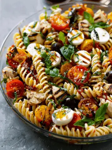 Layered Grilled Chicken Caprese Pasta Salad