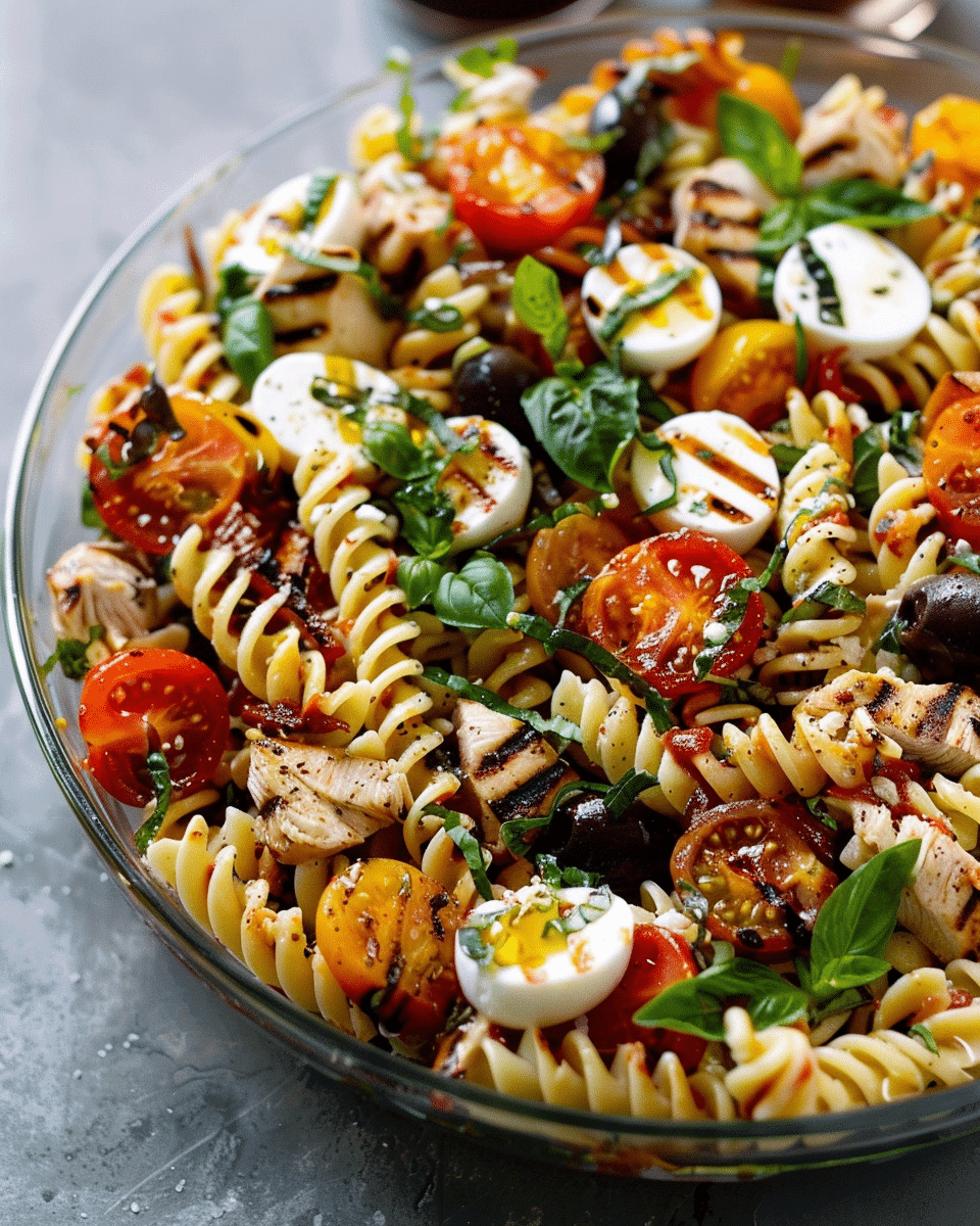 Layered Grilled Chicken Caprese Pasta Salad