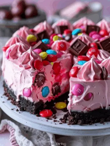 Pink M&M Snickers Cheesecake