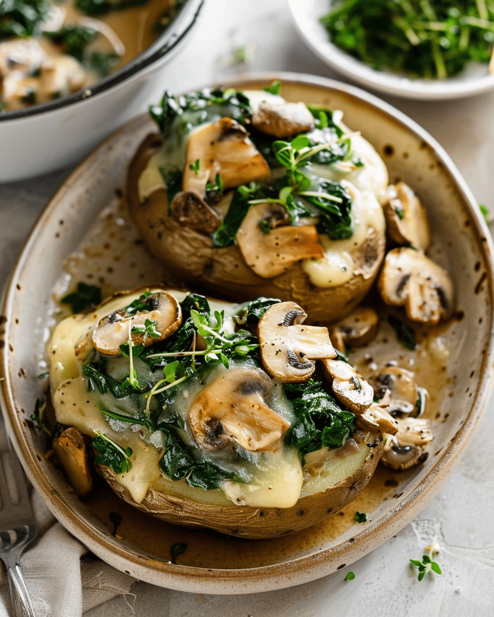 Cheesy Stuffed Potatoes with Spinach & Mushrooms