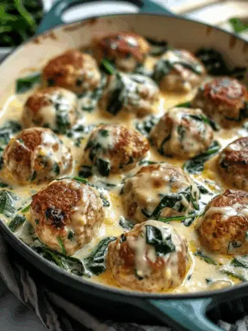 Easy Baked Chicken Ricotta Meatballs with Spinach Alfredo Sauce