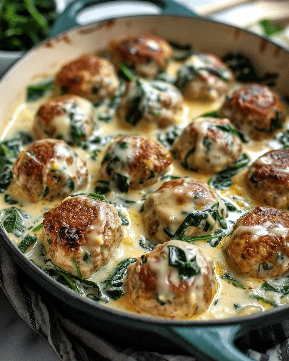 Easy Baked Chicken Ricotta Meatballs with Spinach Alfredo Sauce