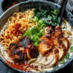 Fiery Chicken Ramen with Creamy Garlic Sauce