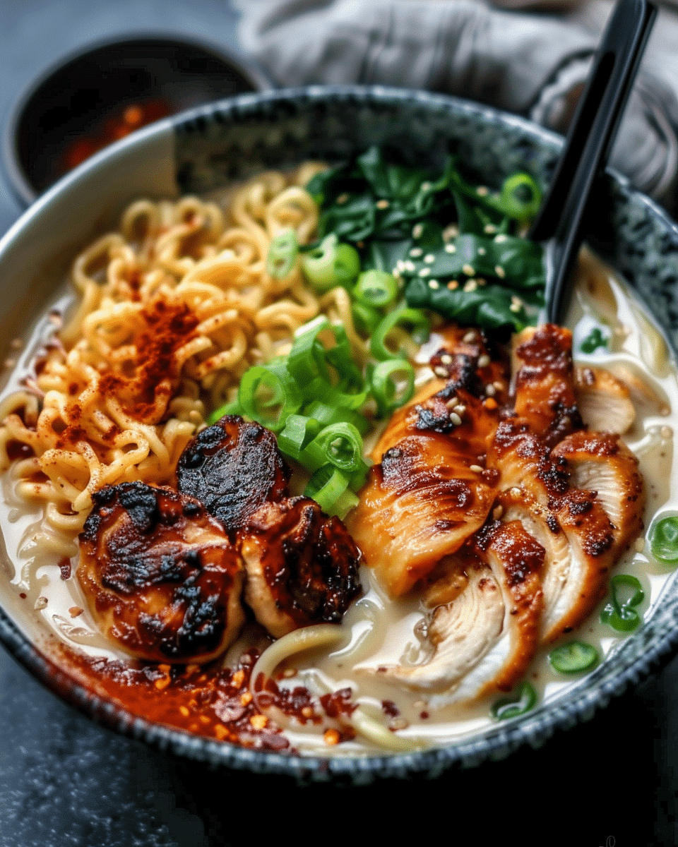 Fiery Chicken Ramen with Creamy Garlic Sauce