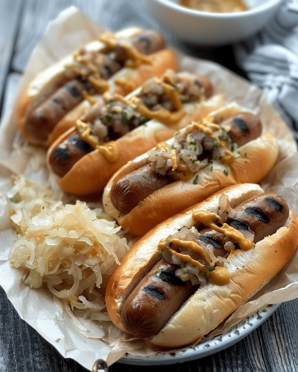 Grilled Bratwurst with Mustard and Sauerkraut