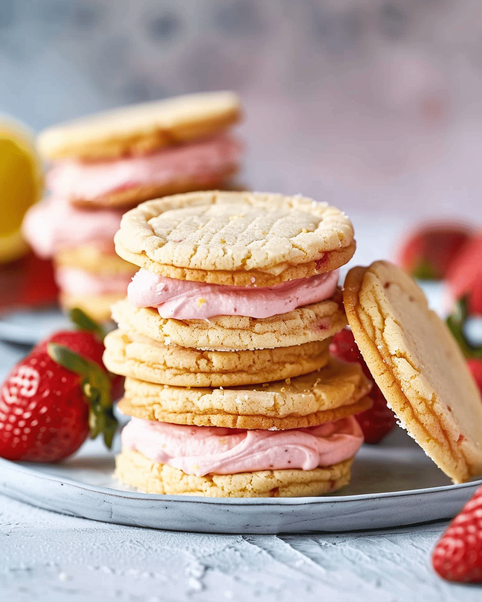 Lemon Sandwich Cookies with Strawberry Frosting