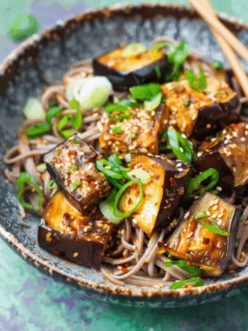 Miso Glazed Aubergine with Soba Noodles & Crispy Fried Smoked Tofu