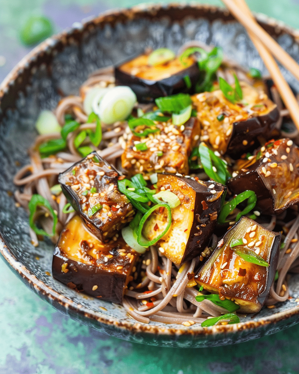 Miso Glazed Aubergine with Soba Noodles & Crispy Fried Smoked Tofu