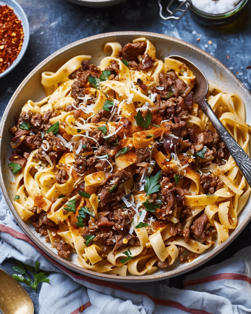 Turkish Pasta with Spiced Beef and Paprika Butter