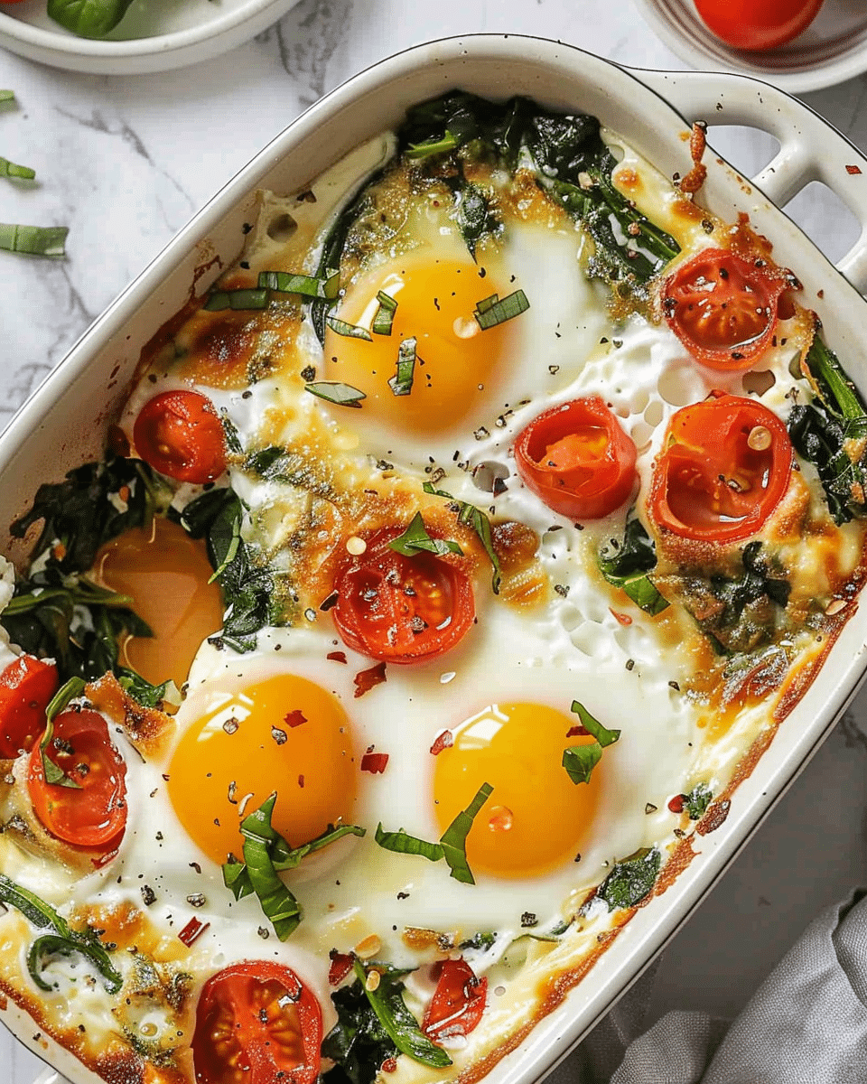 Baked Feta Eggs with Spinach and Tomatoes