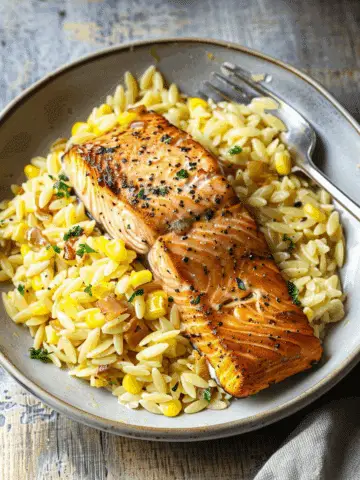 Creamed Corn Orzo with Seared Salmon