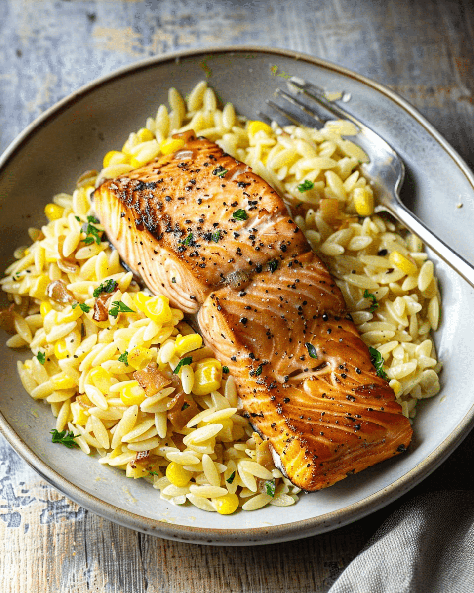 Creamed Corn Orzo with Seared Salmon