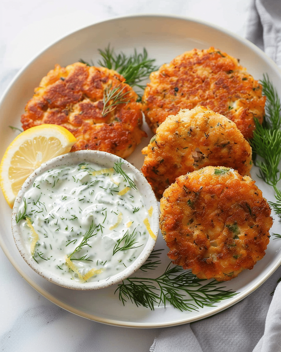 Golden Crispy Salmon Cakes with Zesty Lemon‑Dill Sauce