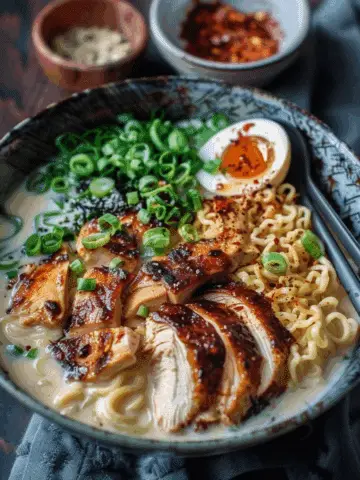 Spicy Fiery Chicken Ramen with Creamy Garlic Sauce