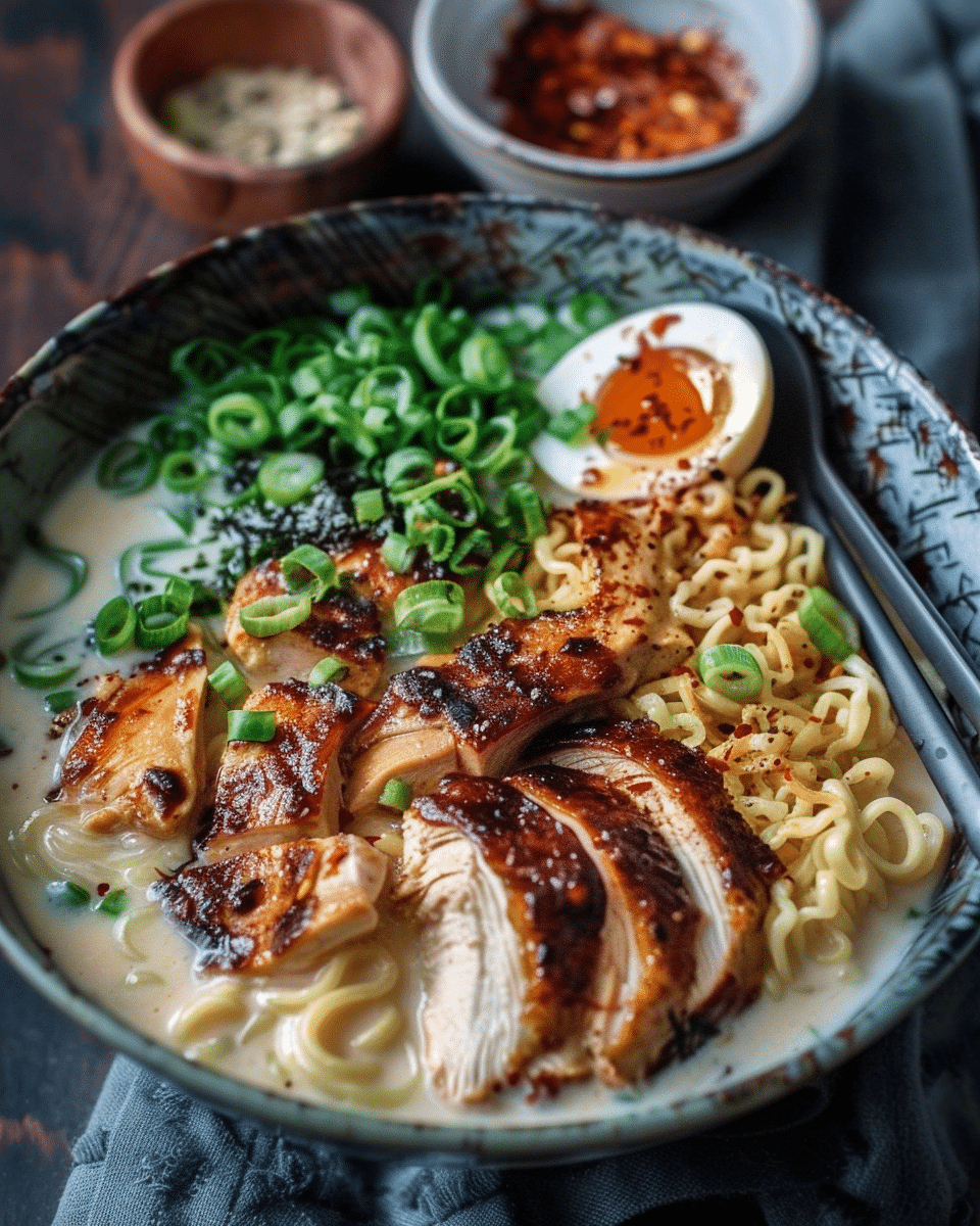 Spicy Fiery Chicken Ramen with Creamy Garlic Sauce