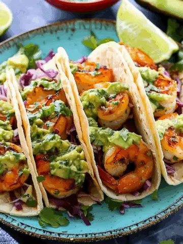 Spicy Shrimp Tacos with Avocado Salsa & Cilantro Sauce