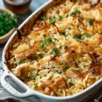 French Onion Chicken Orzo Casserole