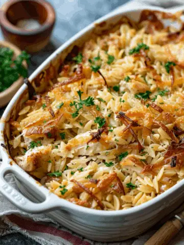French Onion Chicken Orzo Casserole