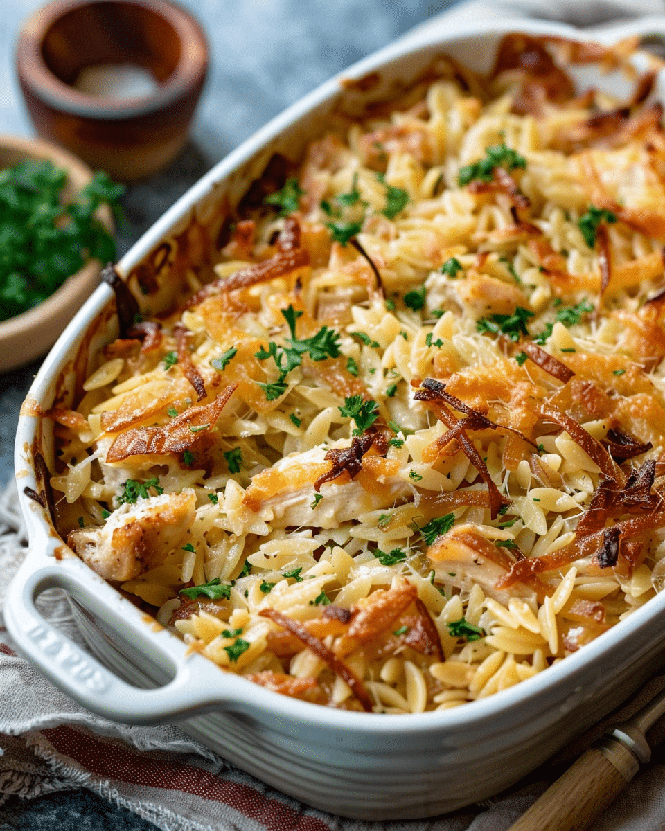 French Onion Chicken Orzo Casserole