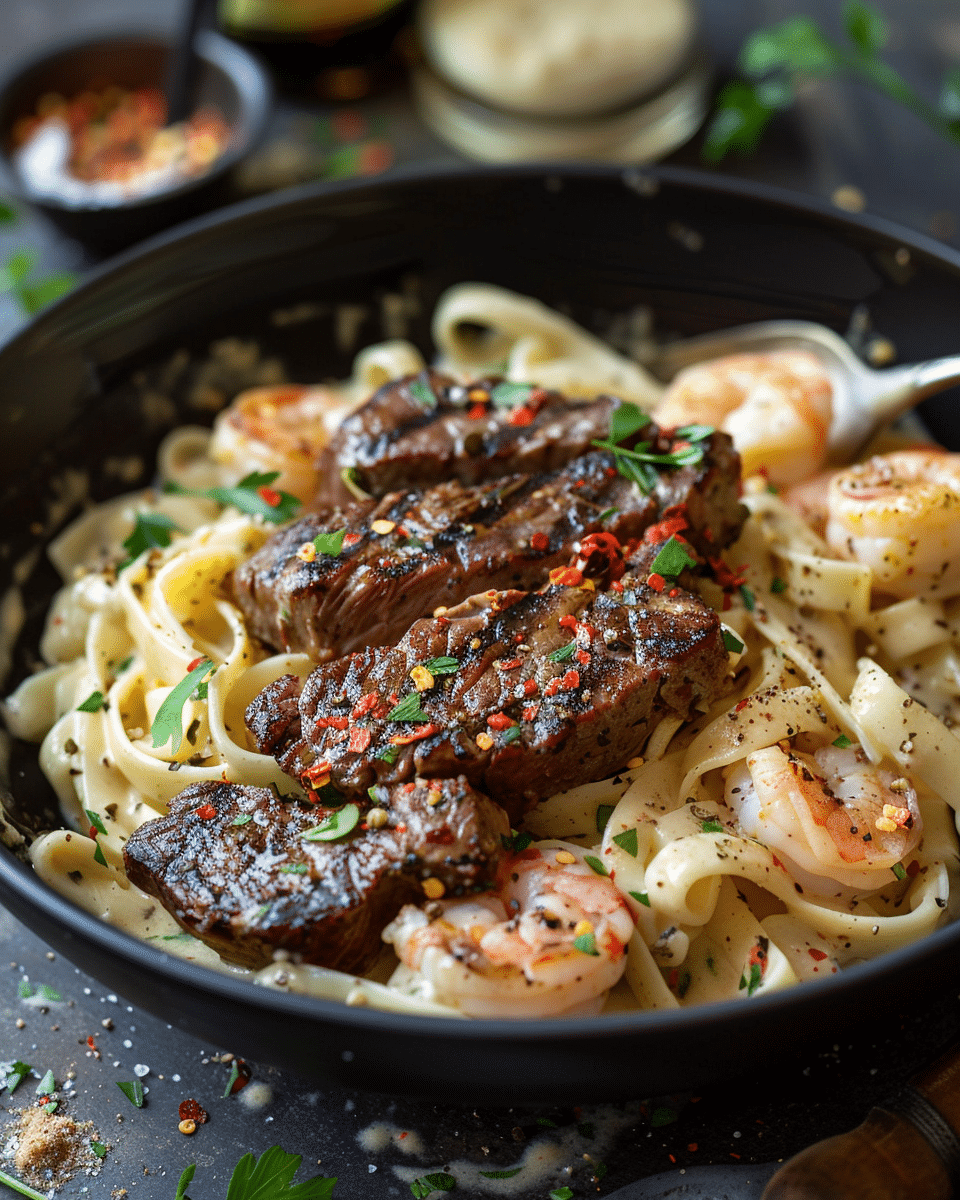 Blackened Steak & Shrimp Alfredo