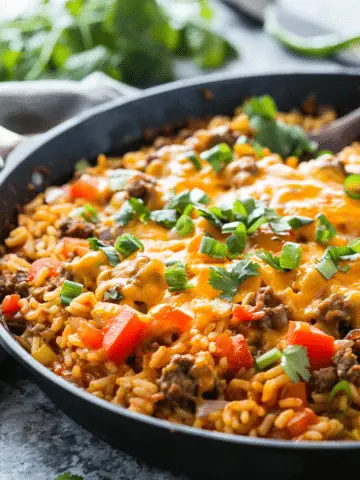 Cheesy Queso Beef & Rice Skillet