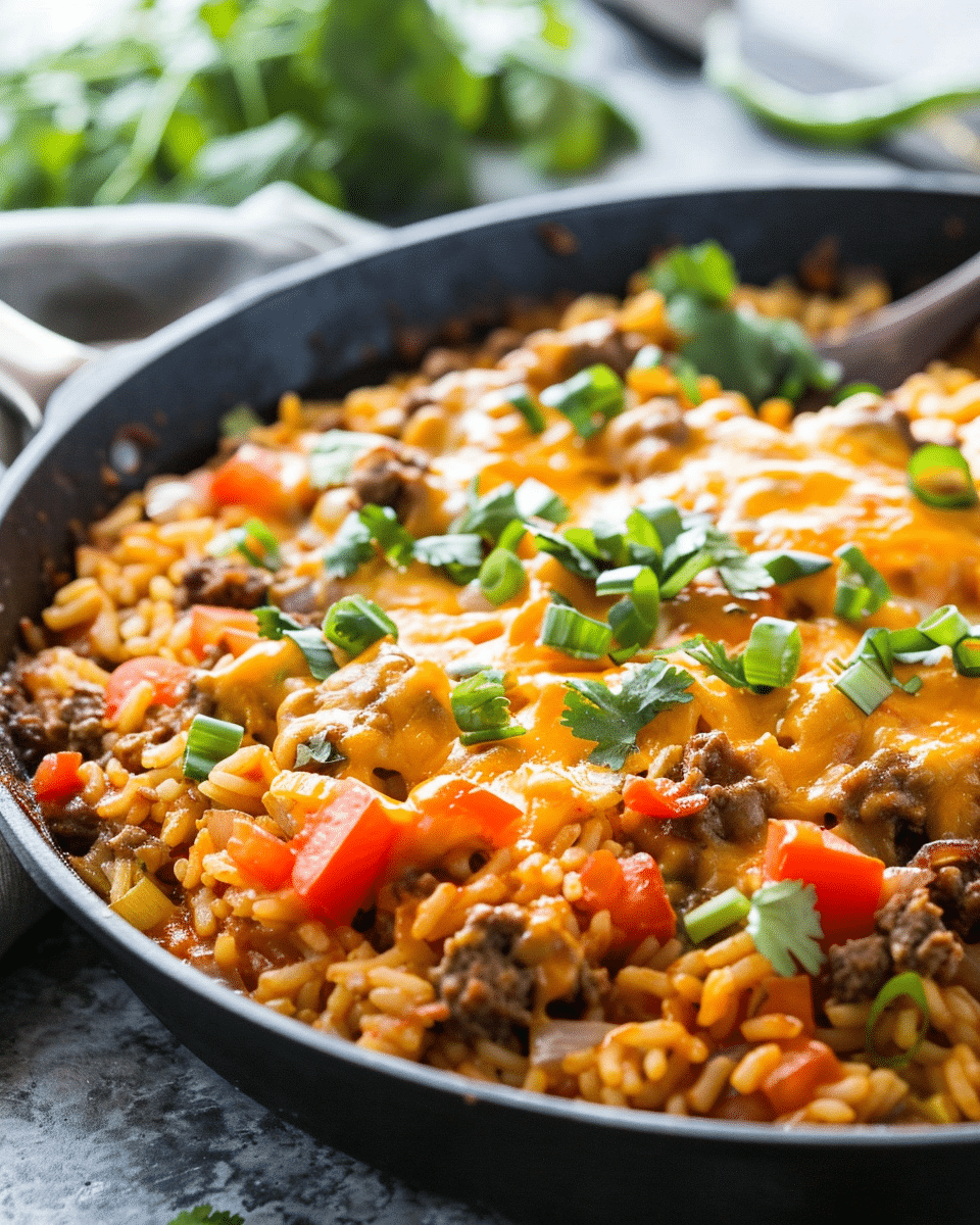 Cheesy Queso Beef & Rice Skillet