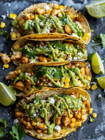 Crispy Chicken Street Corn Tacos with Avocado Drizzle