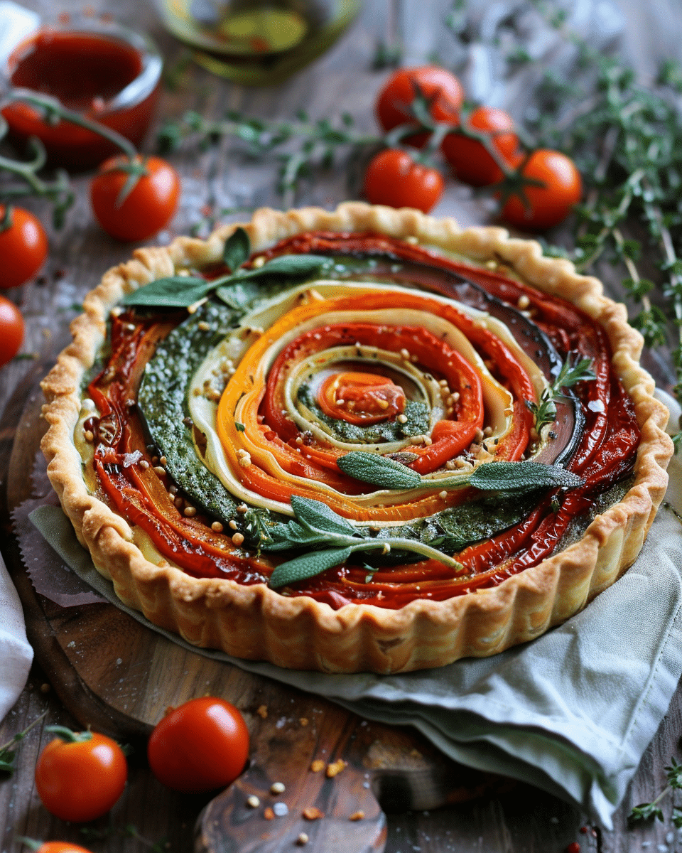 Stunning Spiral Vegetable Tart with Sundried Tomato Pesto