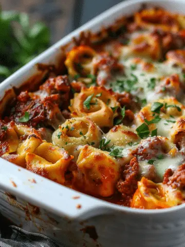 Cheesy Baked Tortellini Casserole with Savory Meat Sauce