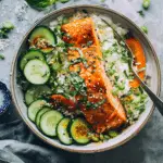 Crispy Rice Salmon Cucumber Salad with Creamy Soy Dressing