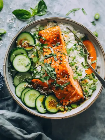 Crispy Rice Salmon Cucumber Salad with Creamy Soy Dressing