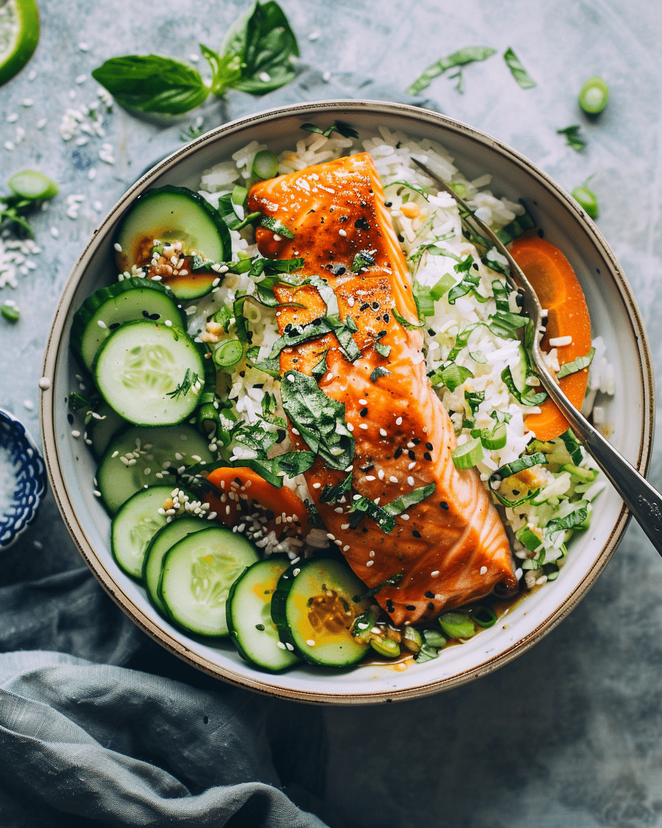 Crispy Rice Salmon Cucumber Salad with Creamy Soy Dressing