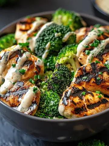 Grilled Chicken & Broccoli Bowls with Creamy Garlic Sauce
