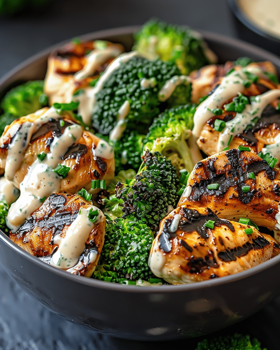 Grilled Chicken & Broccoli Bowls with Creamy Garlic Sauce