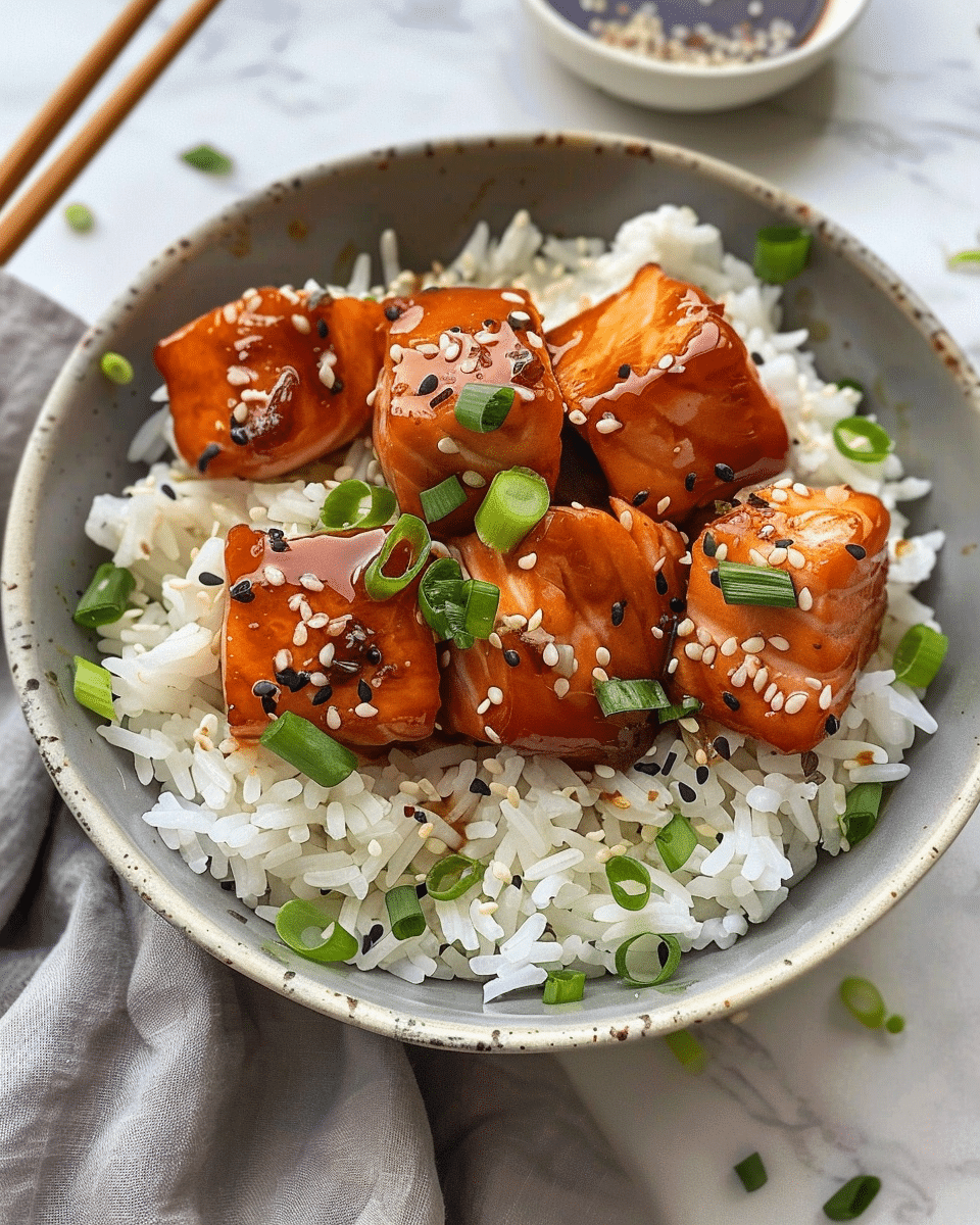 Air Fried Teriyaki Salmon Bites Rice Bowl