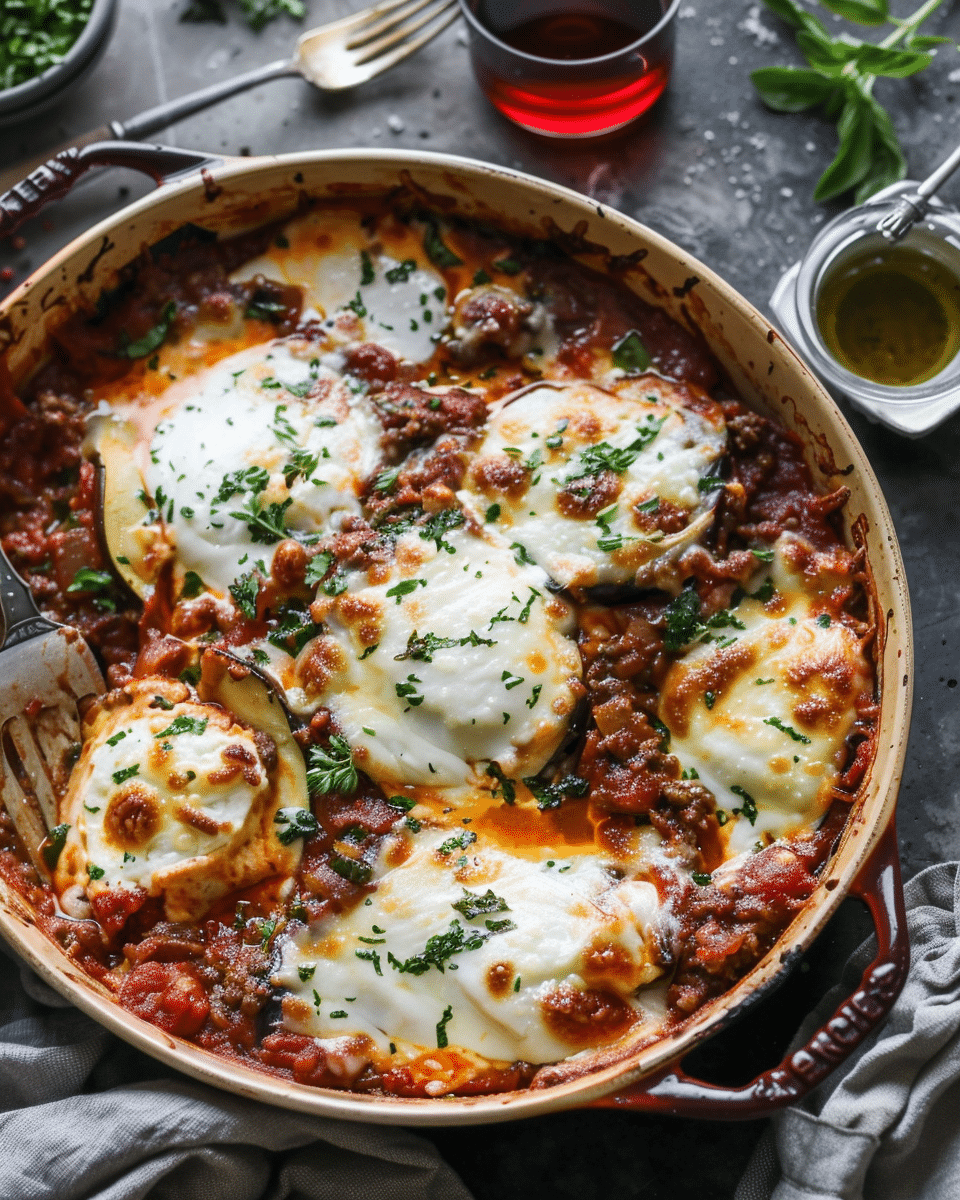 Baked Layered Eggplant with Beef Ragu and Smoked Mozzarella