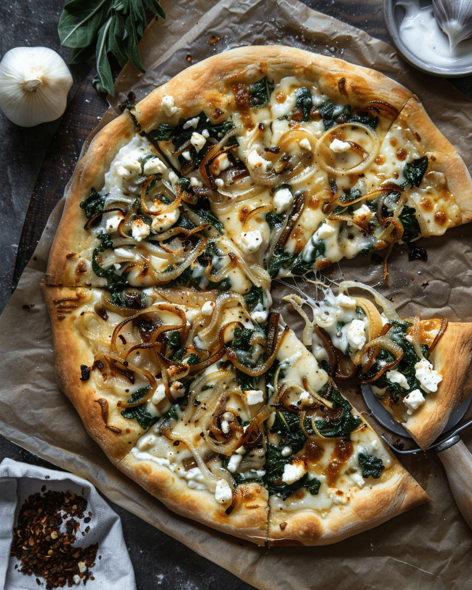 Caramelized Onion Feta Spinach Pizza with White Sauce