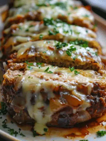 Crockpot French Onion Meatloaf with Melted Swiss Cheese
