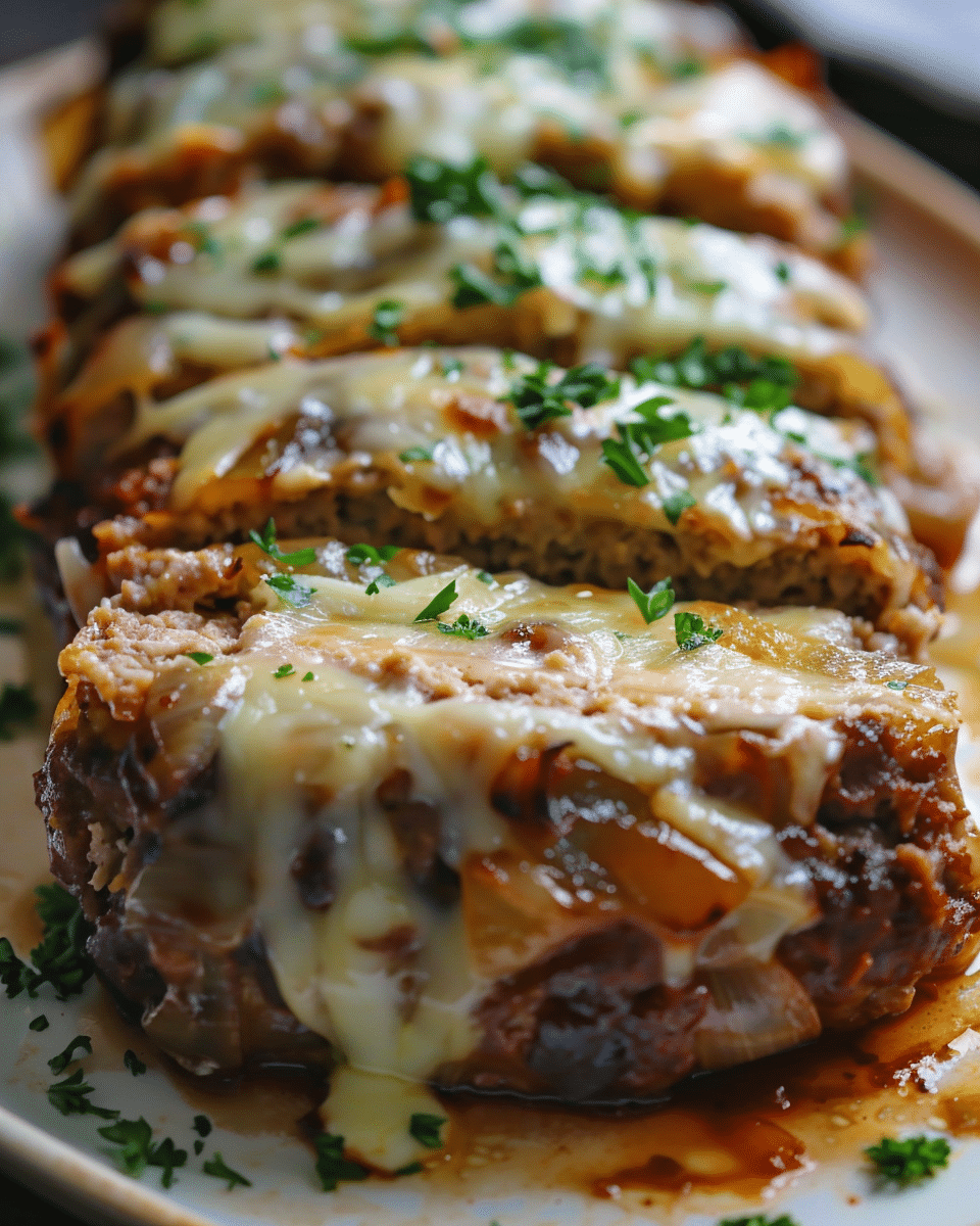Crockpot French Onion Meatloaf with Melted Swiss Cheese