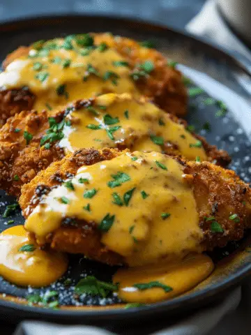 Pretzel Chicken with Mustard Cheddar Sauce