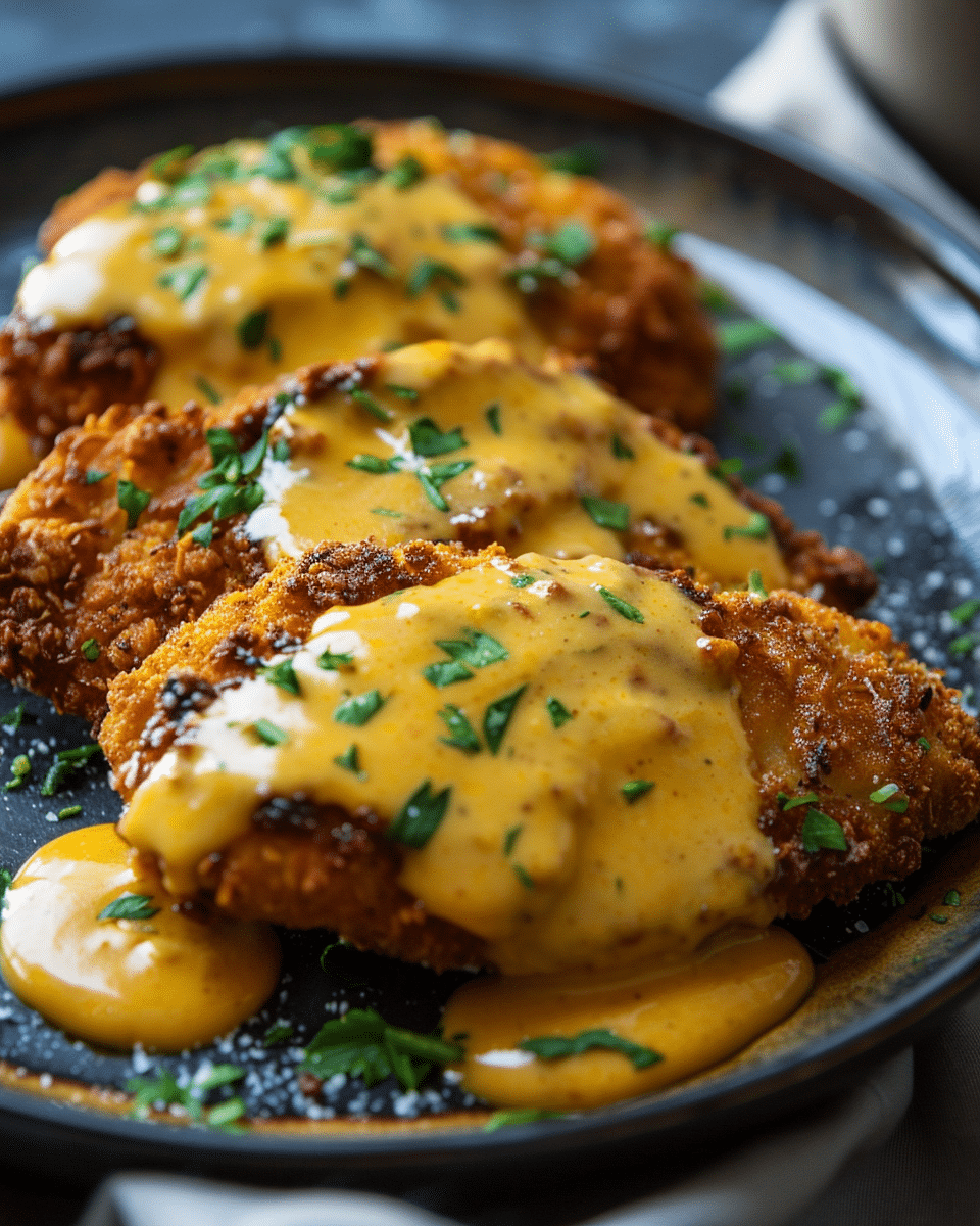 Pretzel Chicken with Mustard Cheddar Sauce