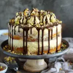 Ultimate Lemon Mascarpone Ricotta Cake with Pistachio Crunch and Chocolate Drizzle