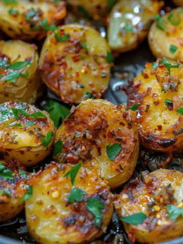 Crispy Smashed Potatoes with Garlic-Chili Butter and Vegan Parmesan