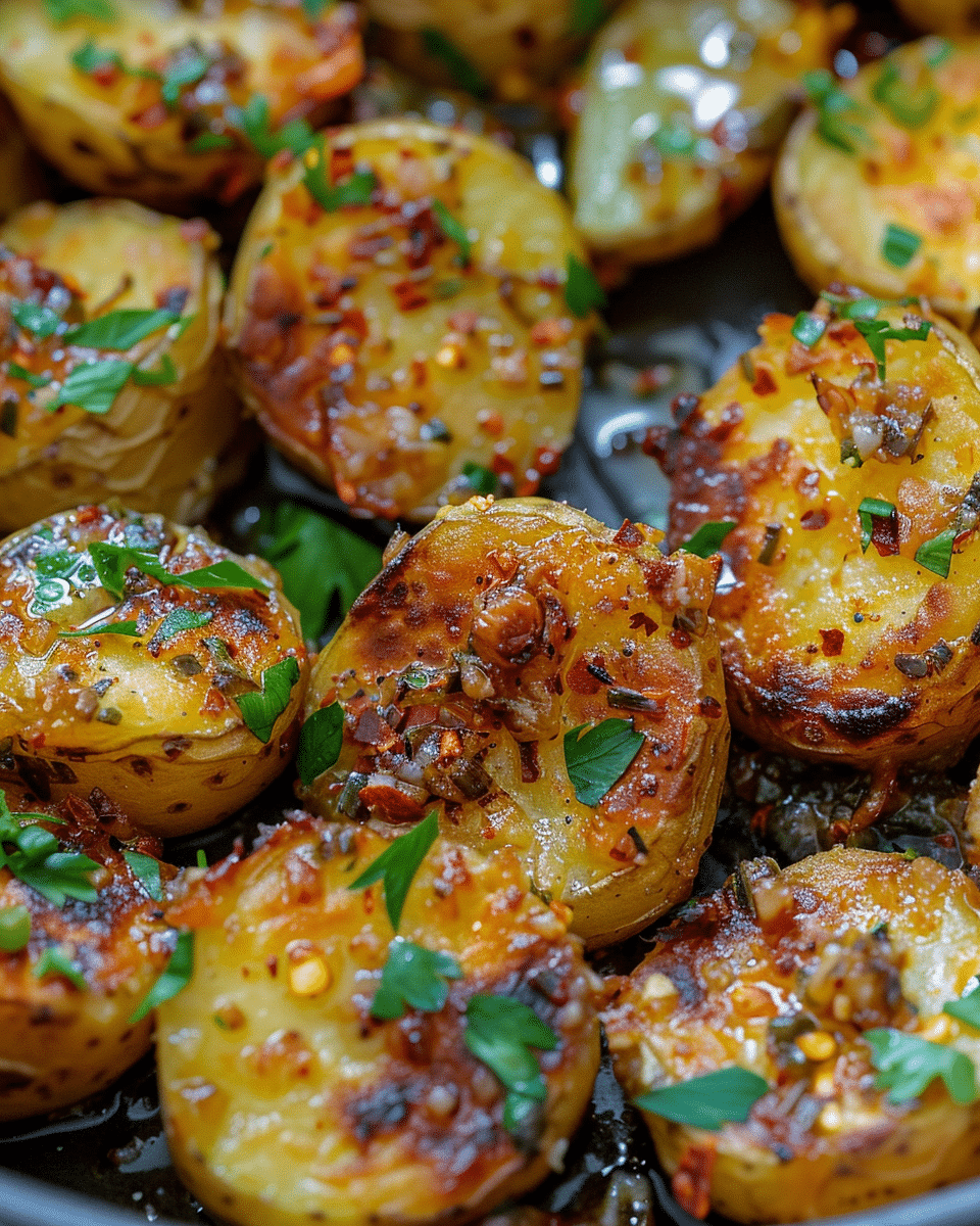 Crispy Smashed Potatoes with Garlic-Chili Butter and Vegan Parmesan