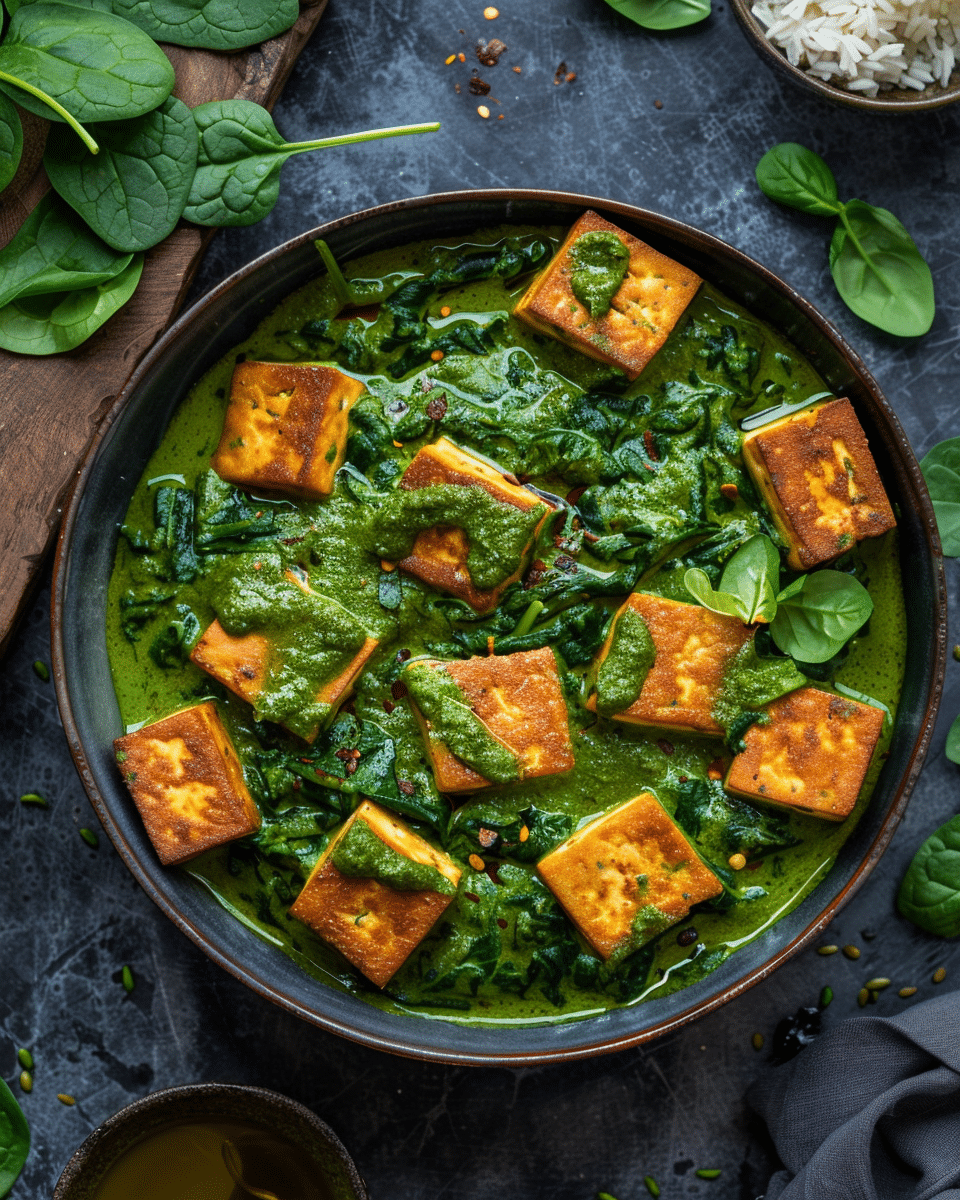 Spinach Curry Sauce with Crispy Tofu