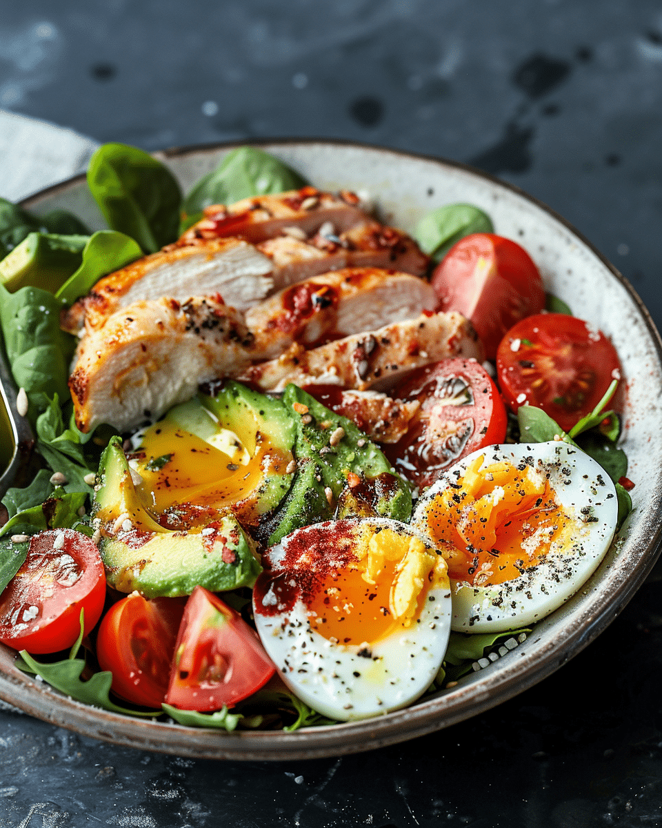 Chicken, Eggs, Avocado and Fresh Salad Breakfast Bowl