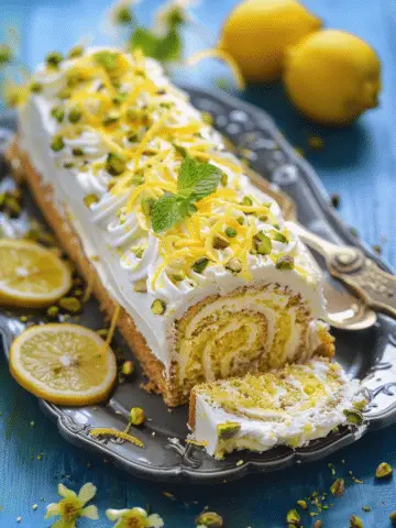 Lemon Pistachio Swiss Roll Cake